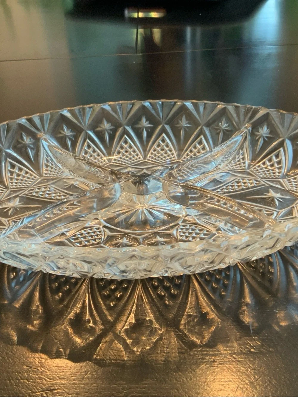 Vintage 1960’s divided clear glass appetizer tray star deco art Marked France